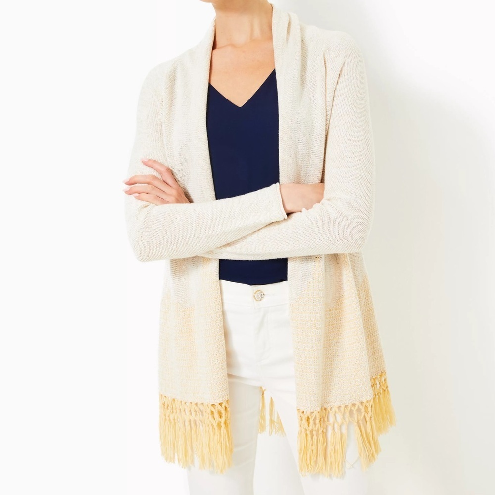 Lilly Pulitzer Tatum Long Fringe Hem Open Cardigan Sweater Gold Metallic Size XS - Picture 12 of 13